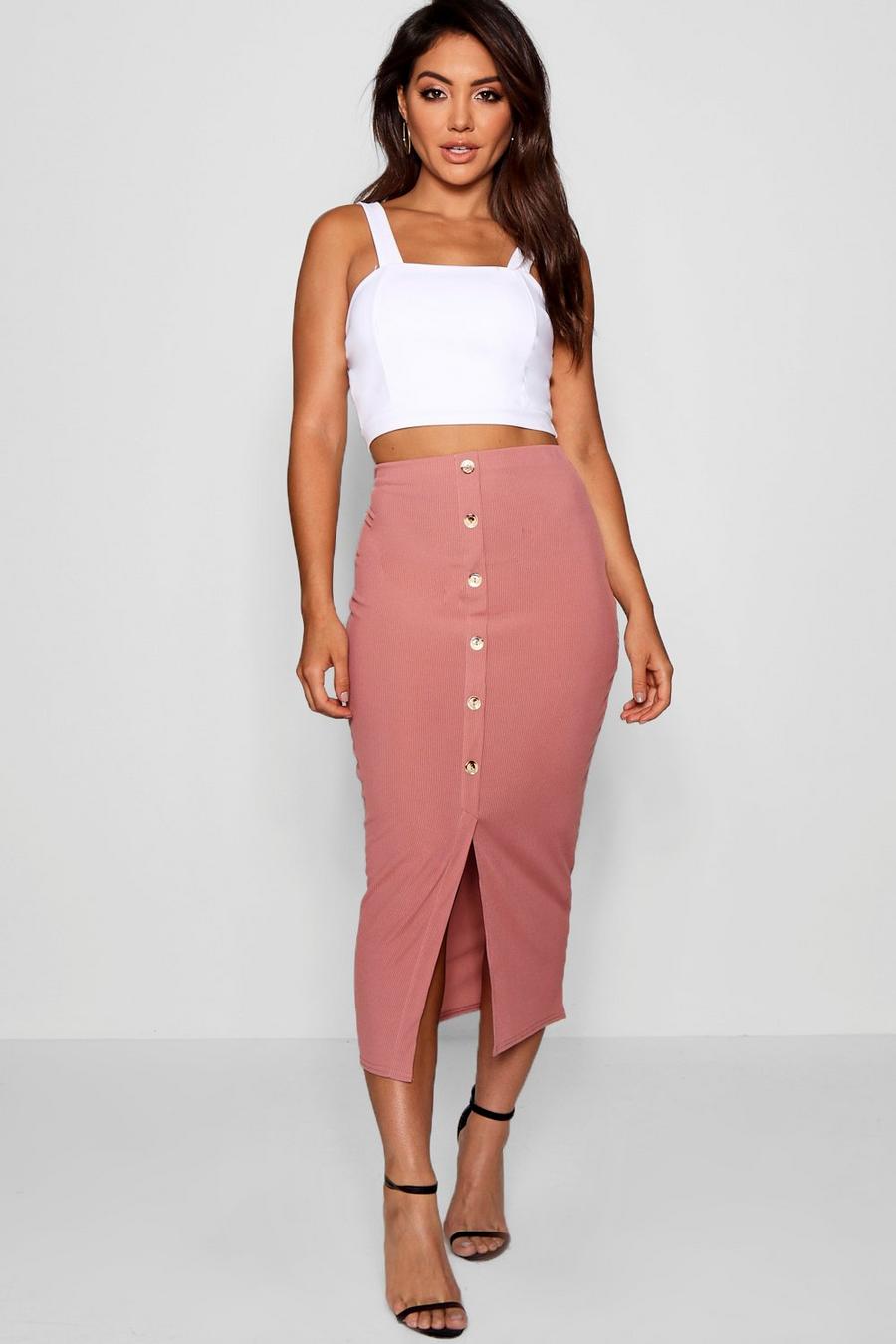 Rose Ribbed Mock Horn Button Through Midi Skirt image number 1