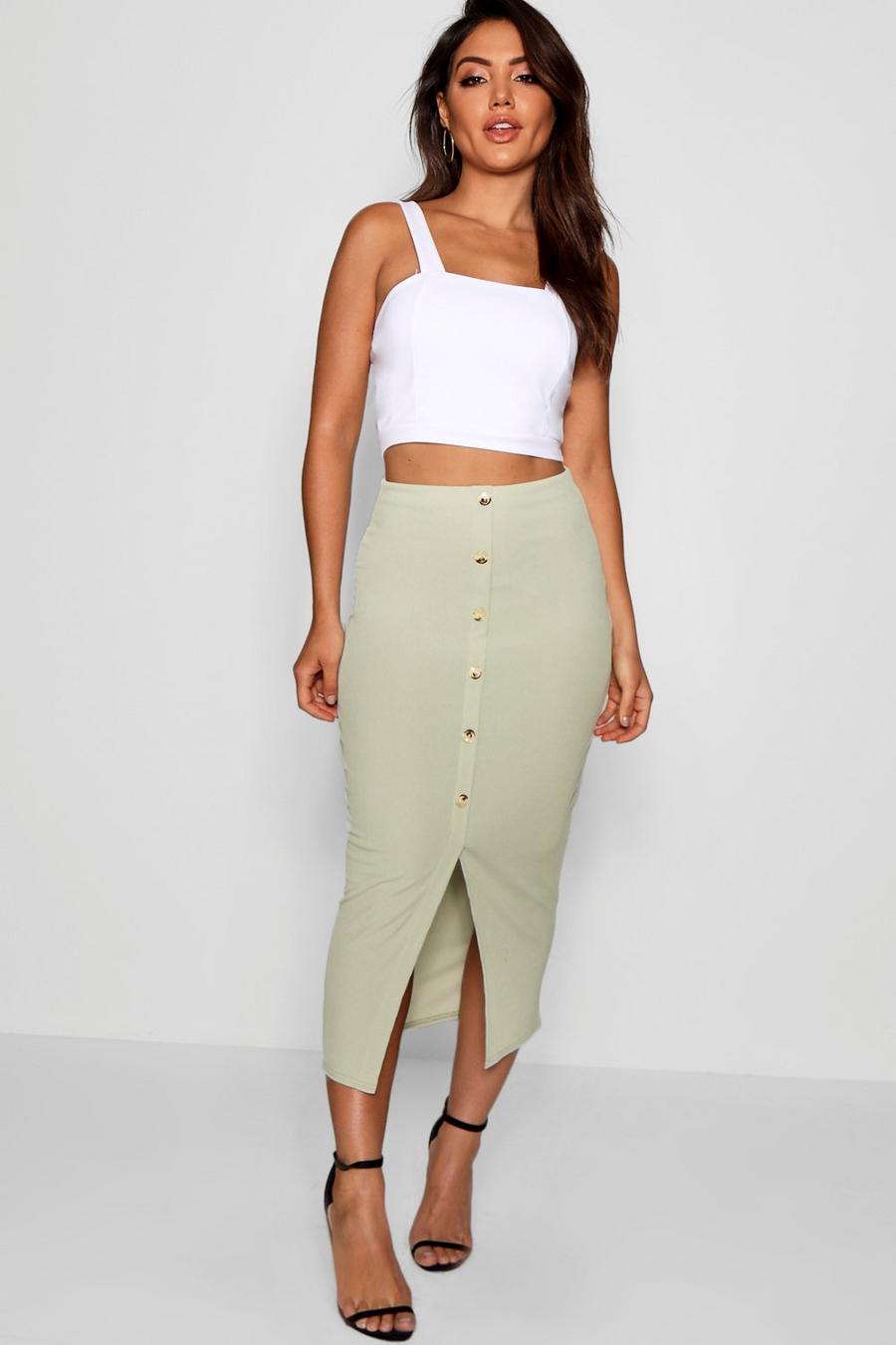 Sage Ribbed Mock Horn Button Through Midi Skirt image number 1