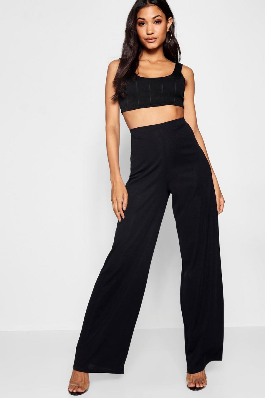 Black Ribbed Wide Leg Trousers image number 1