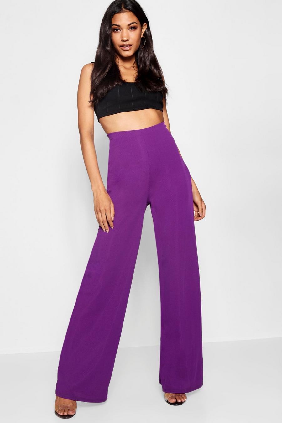Purple Ribbed Wide Leg Trousers image number 1