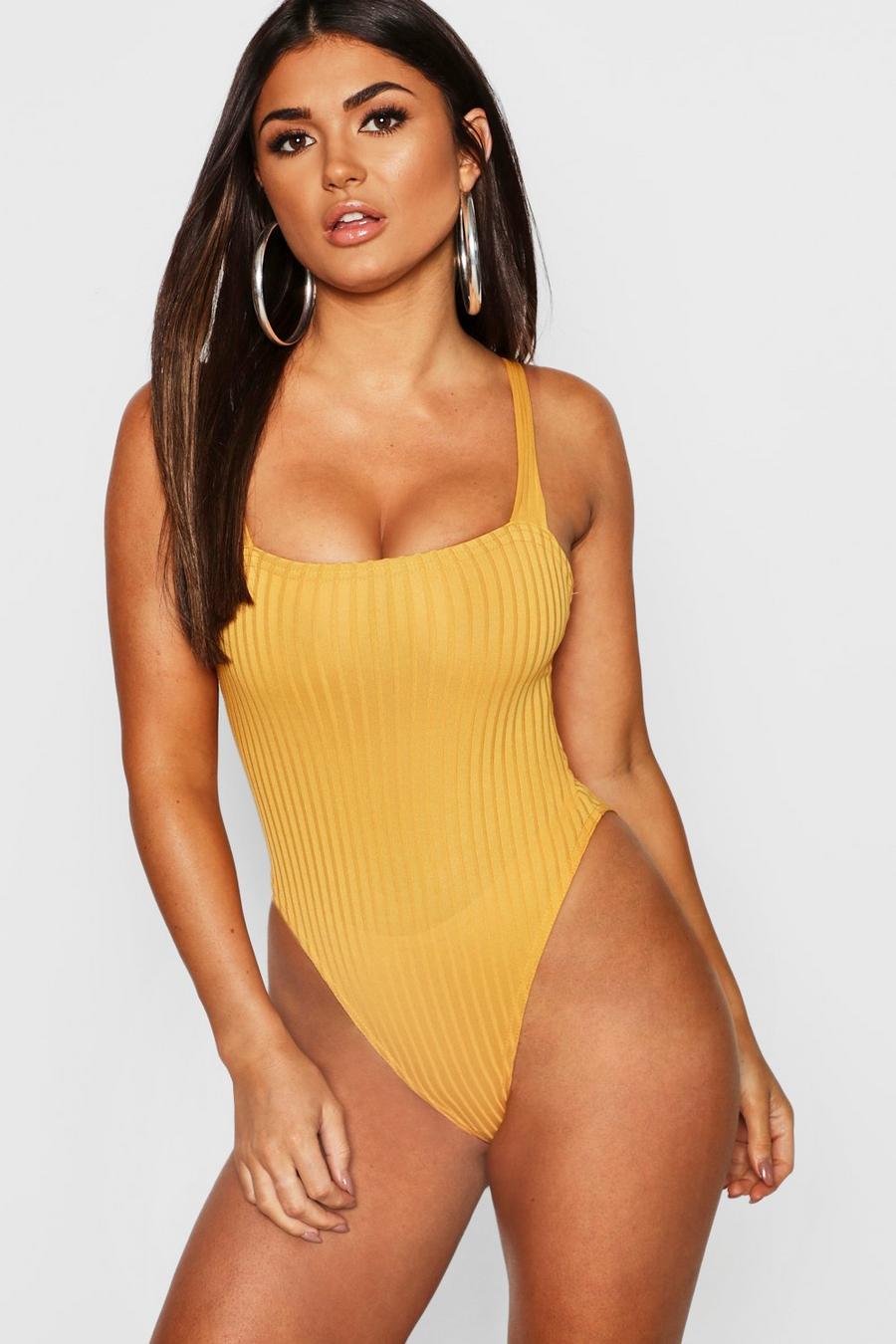 Mustard Thick Strap Square Neck Rib Knit Bodysuit image number 1