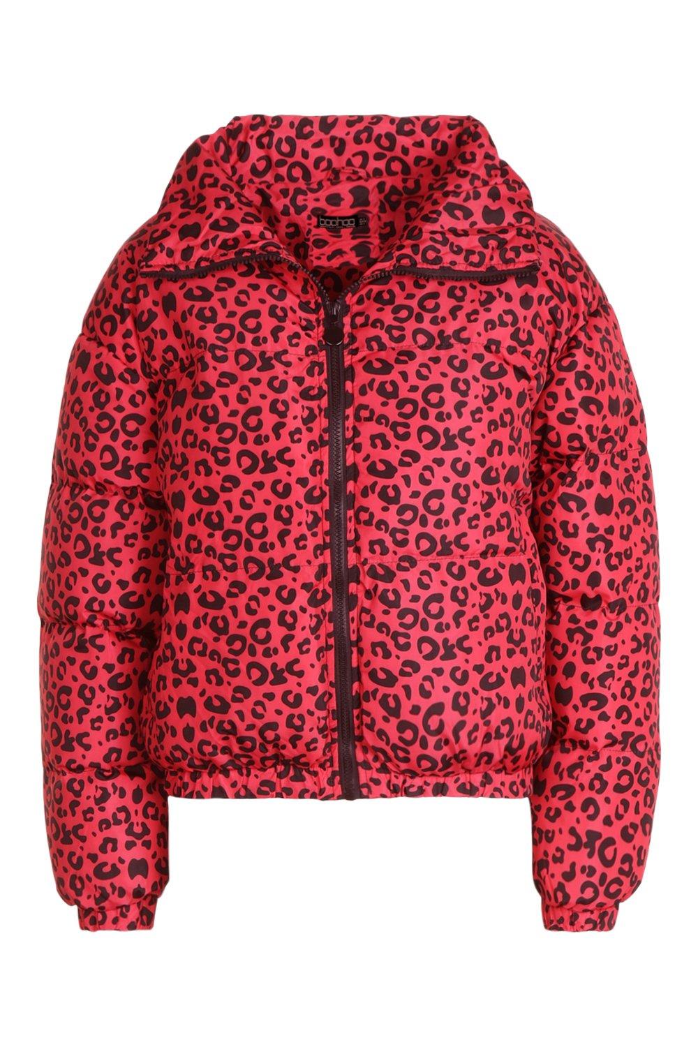 Red leopard print puffer jacket on sale