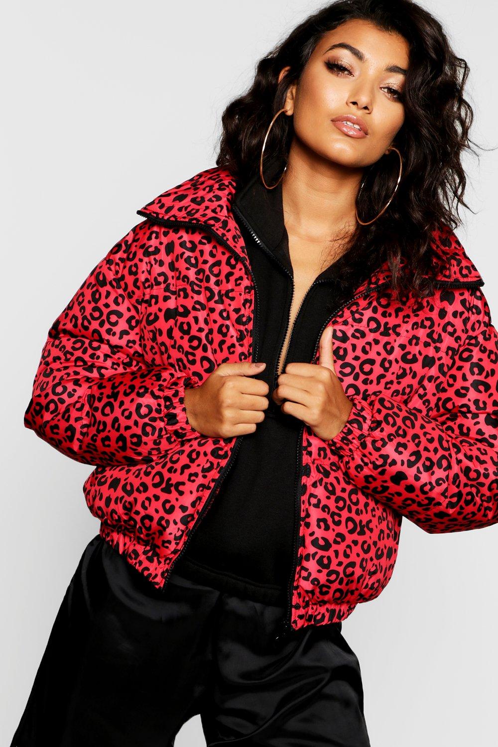 Red leopard puffer jacket on sale