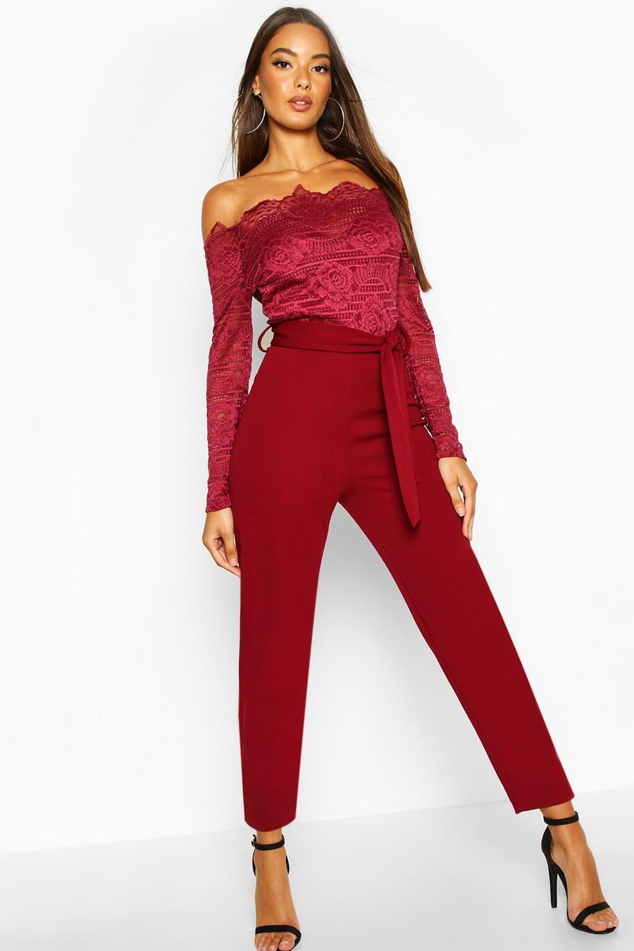 Berry Off The Shoulder Lace 2 In 1 Jumpsuit image number 1