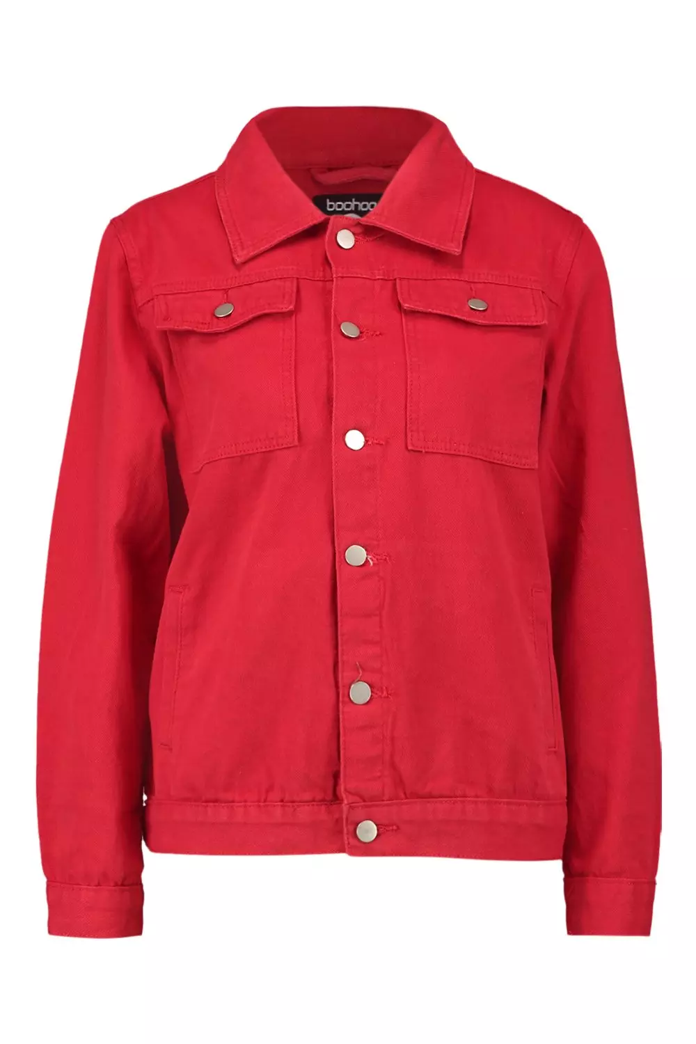 Red denim jacket store boohoo