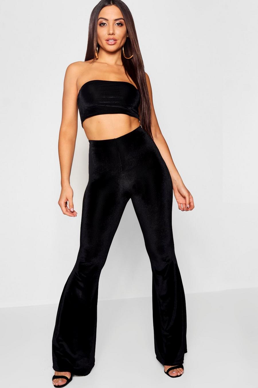 Black Velvet Cord Two-Piece Bandeau And Flare Pants image number 1