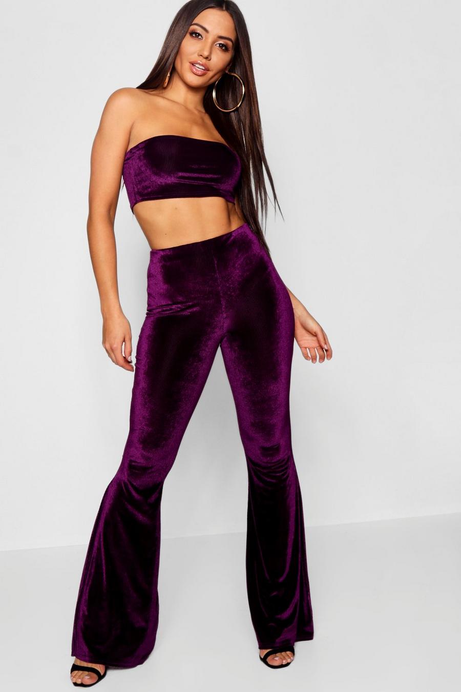 Violet Velvet Cord Two-Piece Bandeau And Flare Pants image number 1