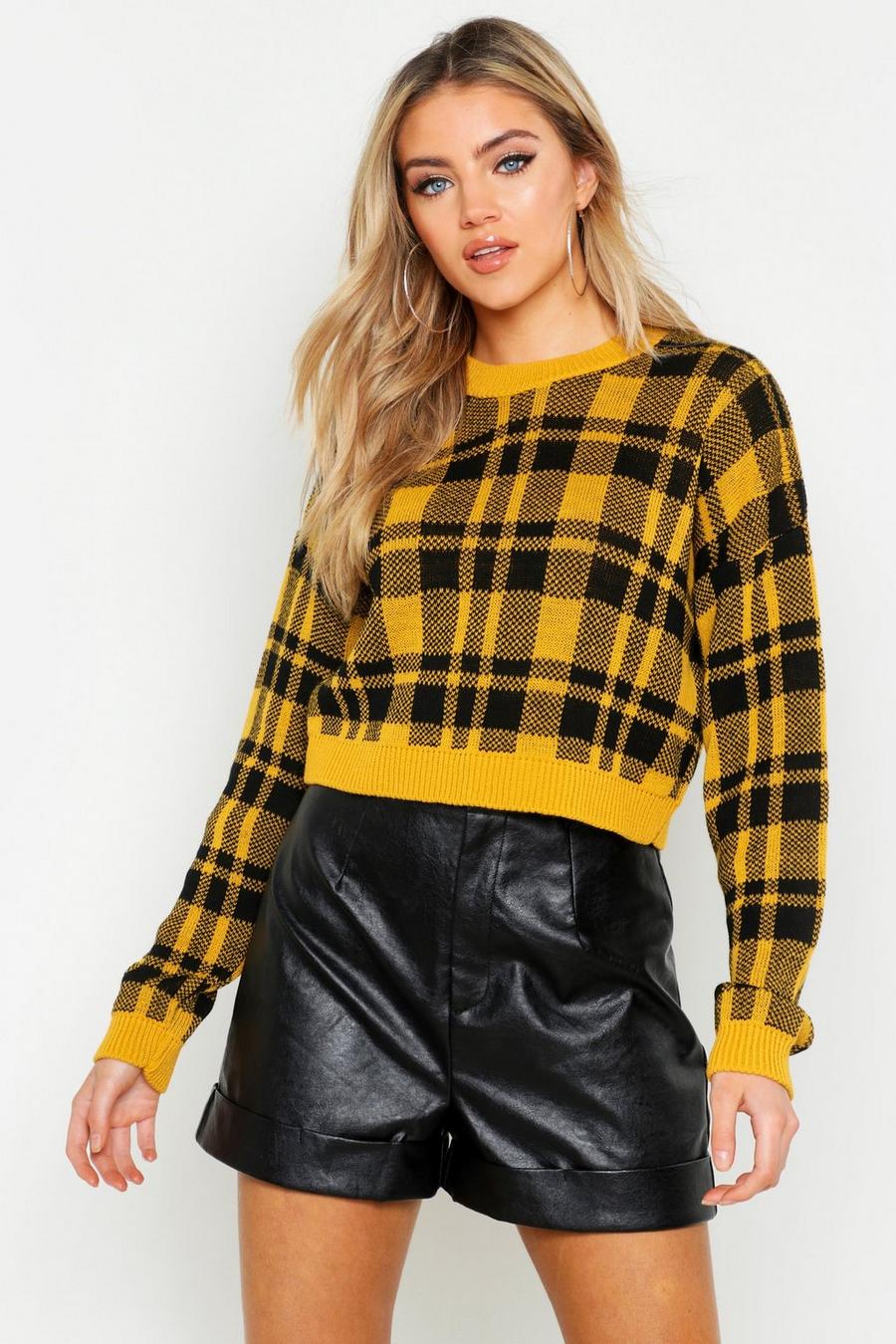 Mustard Check Crop Sweater image number 1