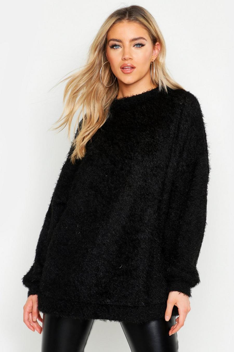 Black Oversized Fluffy Knit Boyfriend Sweater image number 1