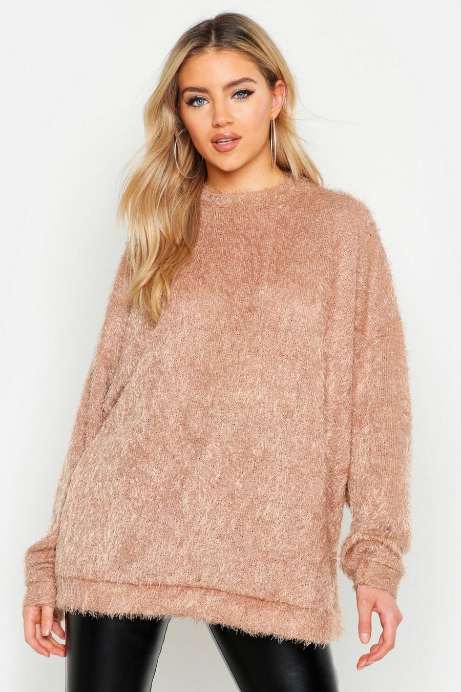 Camel Oversized Fluffy Knit Boyfriend Sweater image number 1