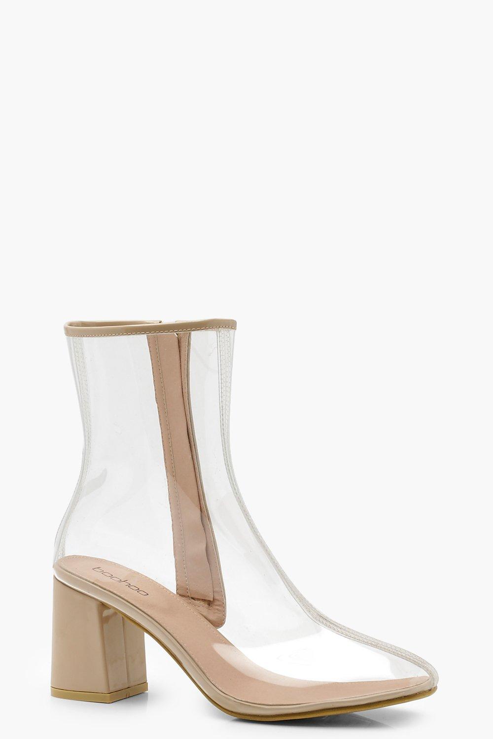 clear block heel booties