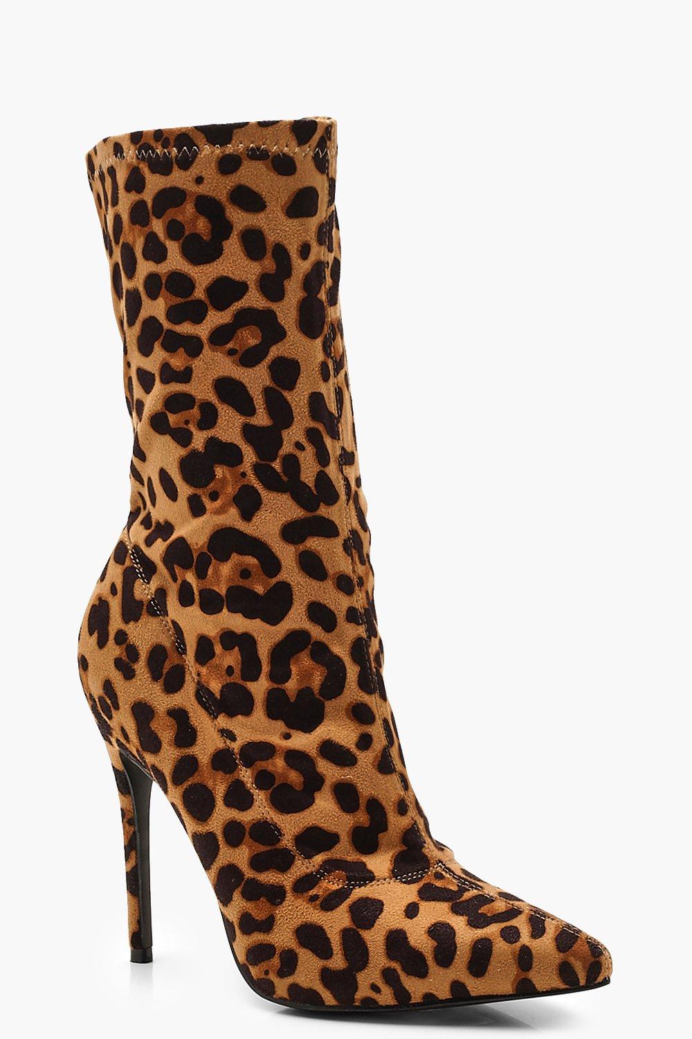 Leopard Pointed Sock Boots | Boohoo UK