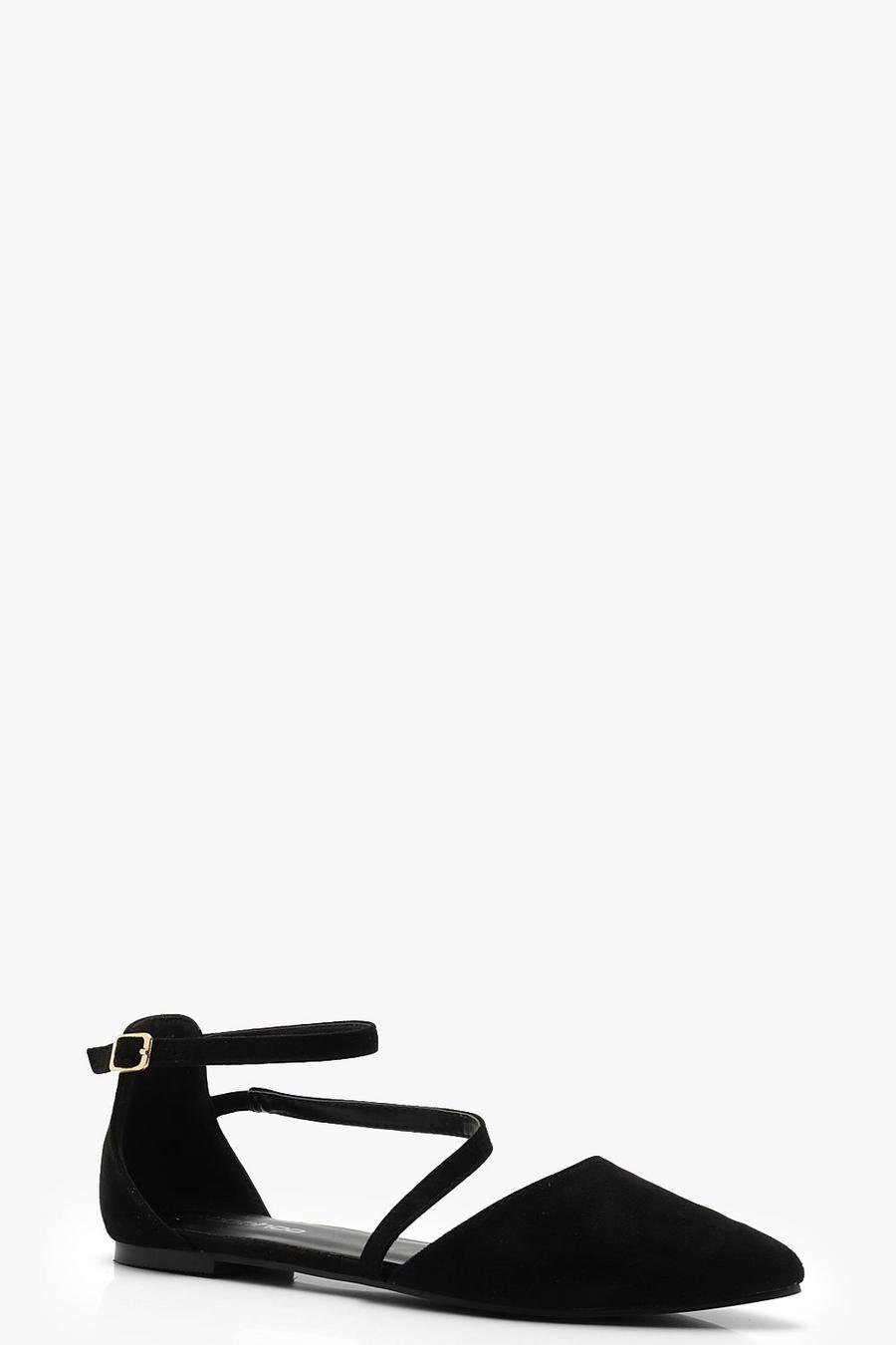 Asymmetrische, spitz zulaufende flache Schuhe mit Riemchen, Schwarz image number 1