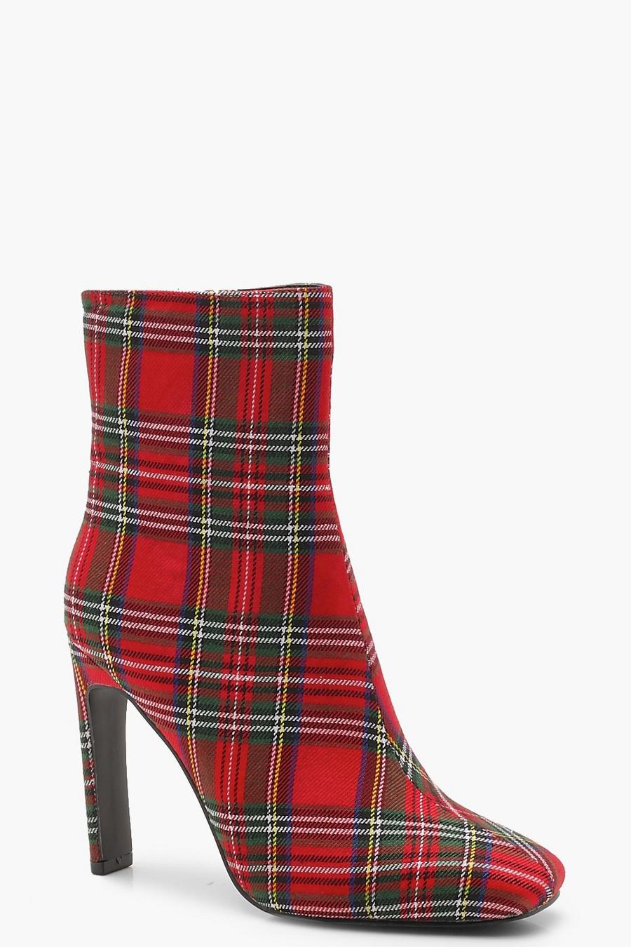 Botas estilo calcetín con tacón plano de cuadros escoceses, Rojo image number 1