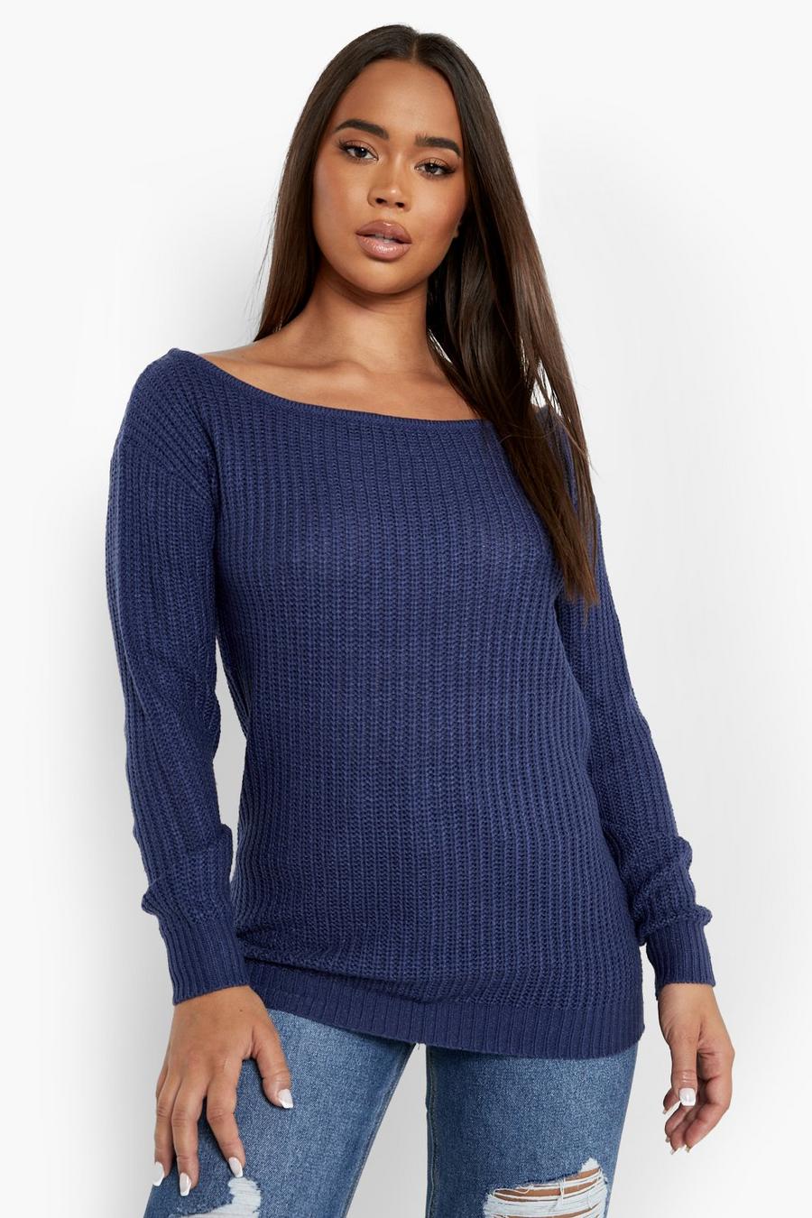 Denim-blue Slash Neck Fisherman Sweater