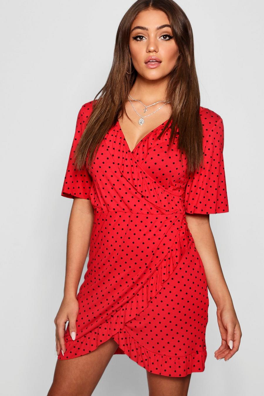 Red Ruffle Front Polka Dot Tea Dress image number 1