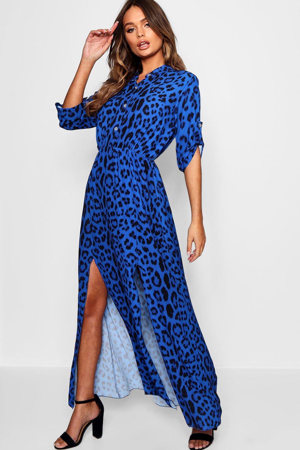 boohoo blue leopard print dress