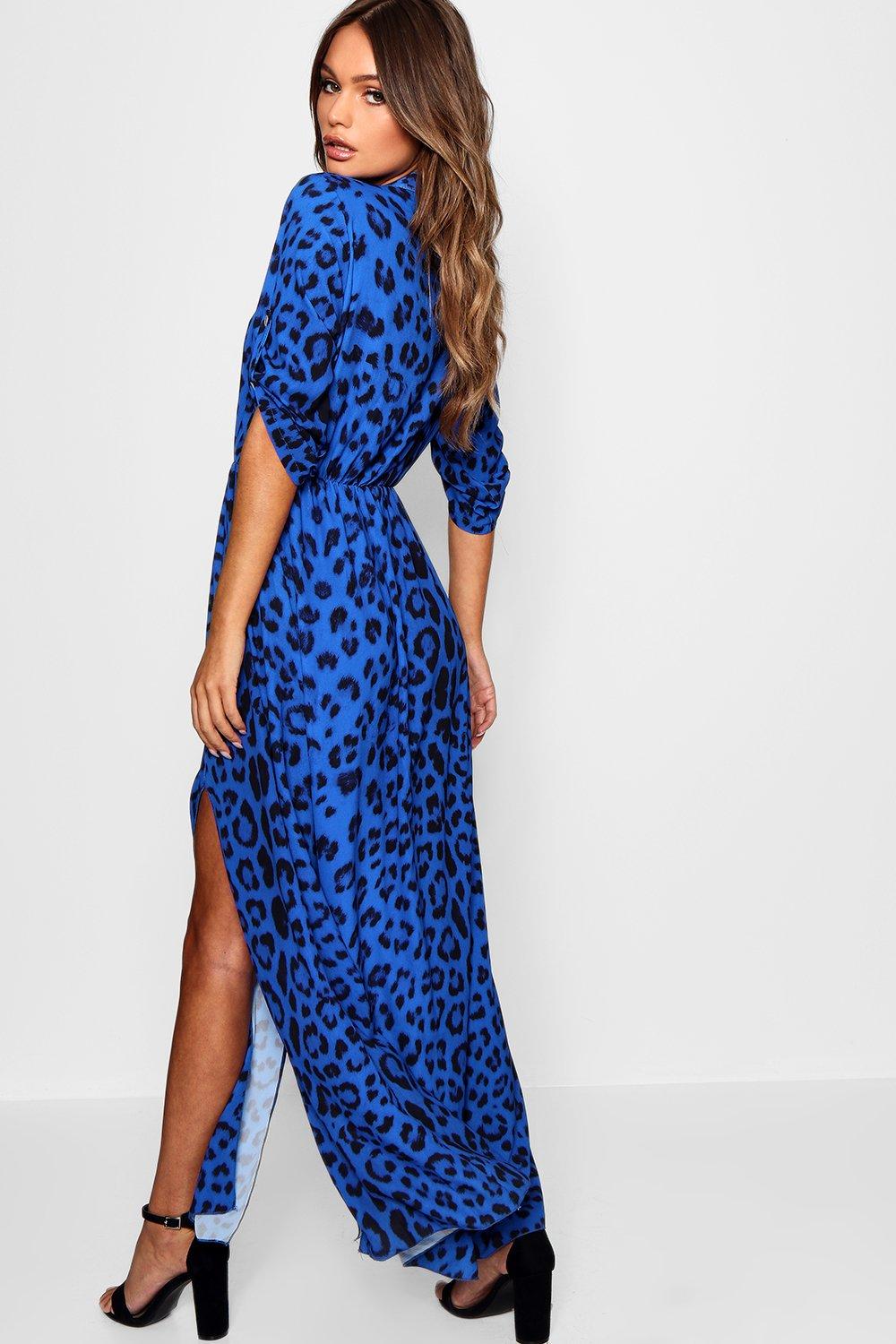 blue leopard print shirt dress