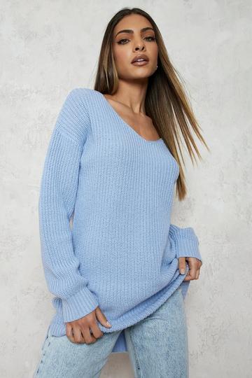 Blue Oversized V Neck Sweater