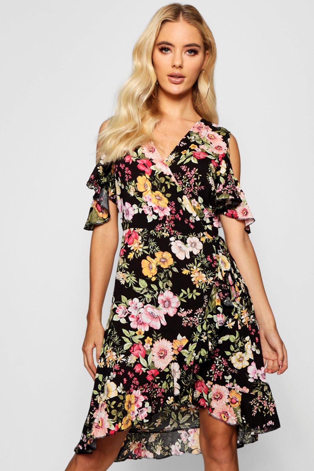 floral cold shoulder wrap dress