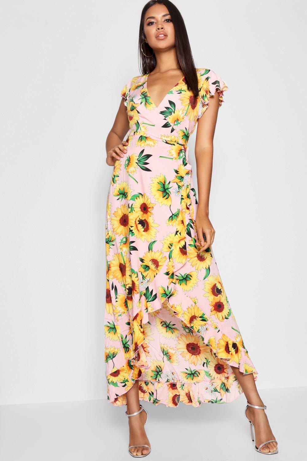 Sunflower Print Wrap Front Maxi Dress 