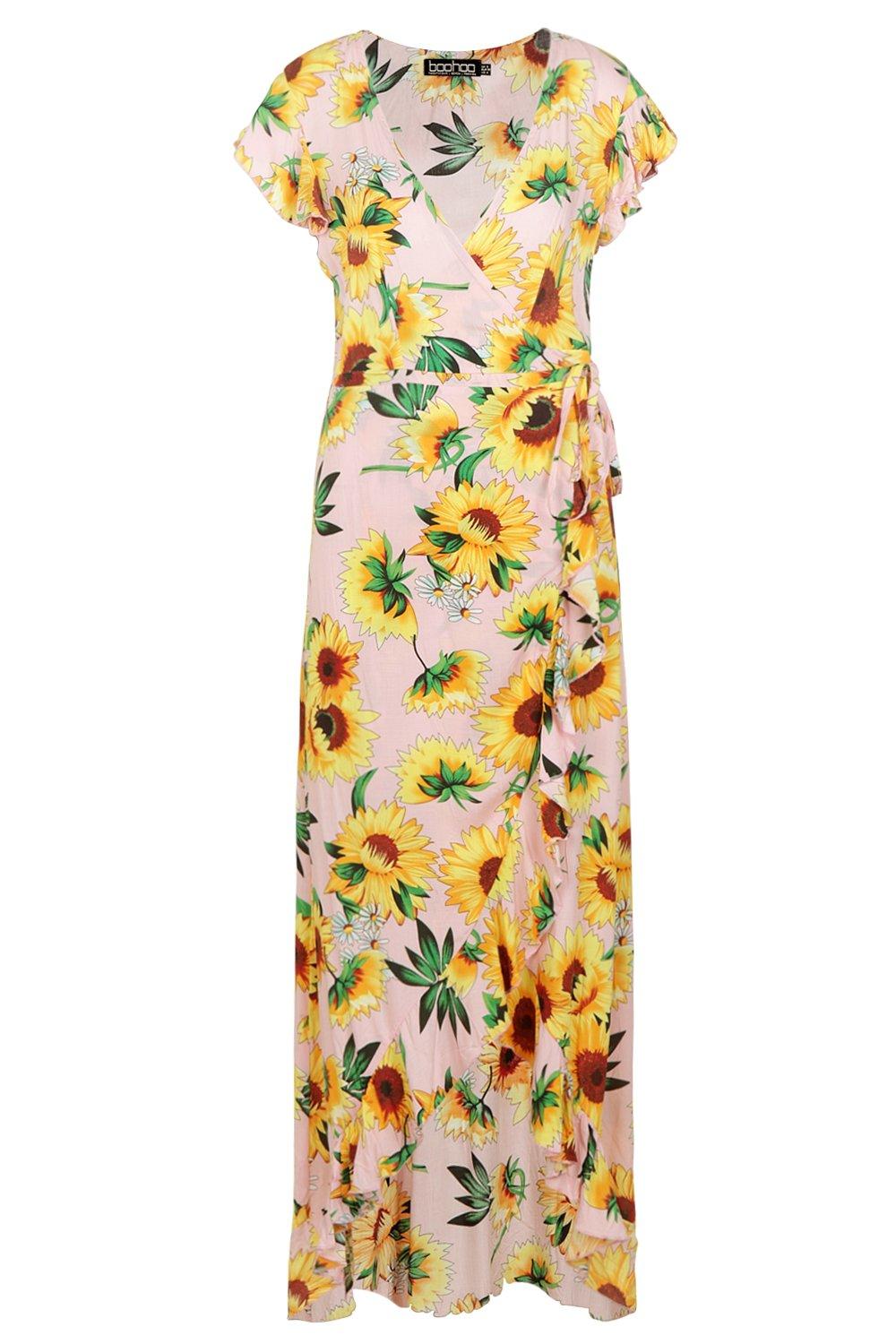 Sunflower Print Wrap Front Maxi Dress