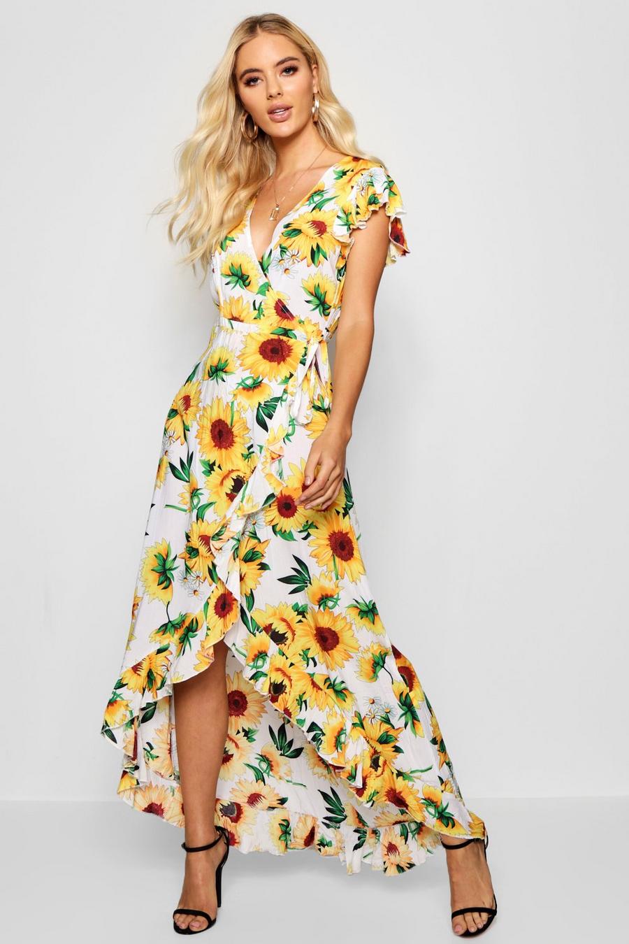 White Sunflower Print Wrap Front Maxi Dress image number 1