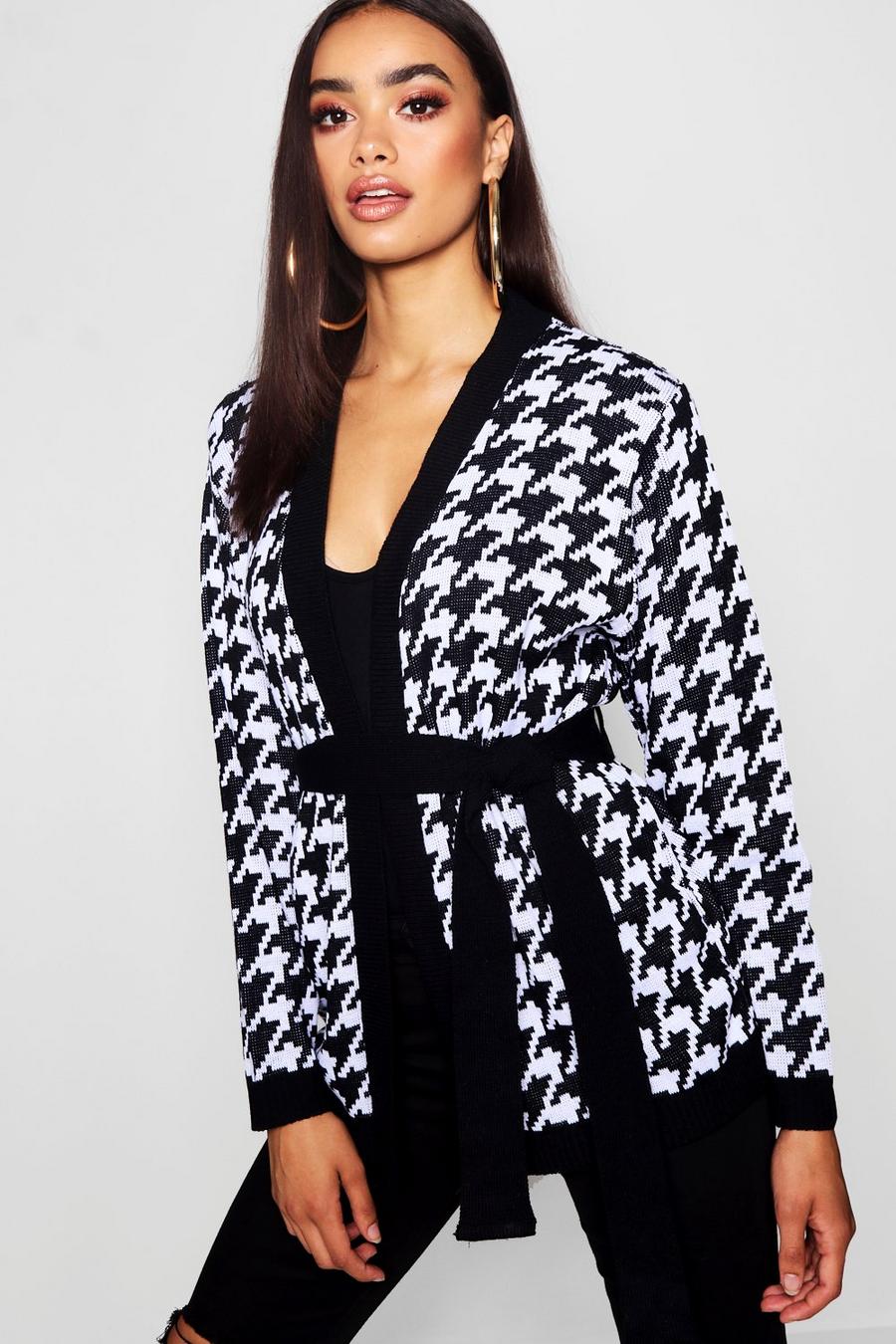 Dog Tooth Belted Cardigan, Black image number 1