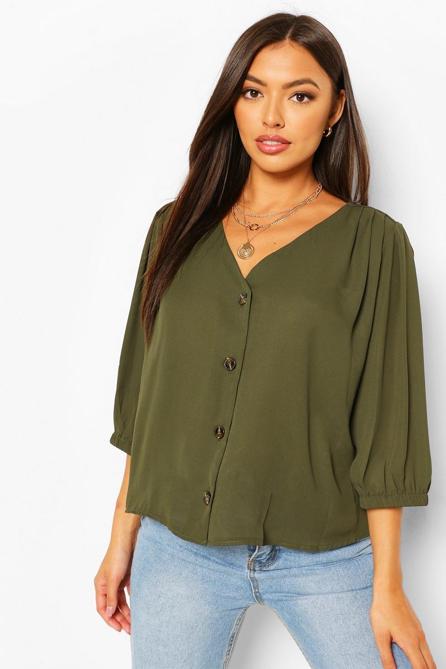 Bluse mit Knopfleiste, Military green image number 1
