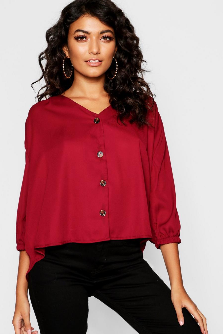 Wine red Horn Button Through Blouse