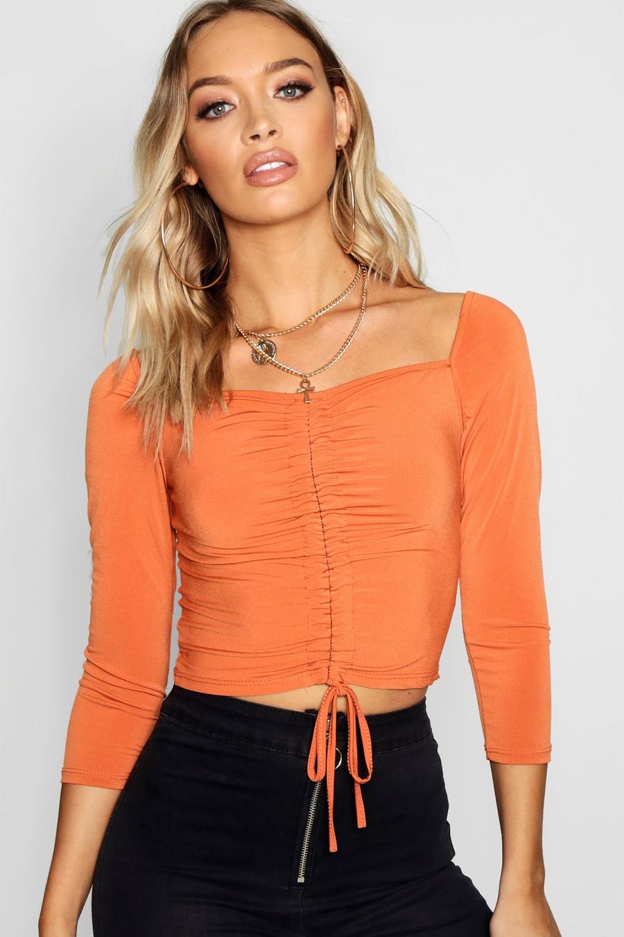 Rust Drawstring Square Neck Long Sleeve Crop Top image number 1