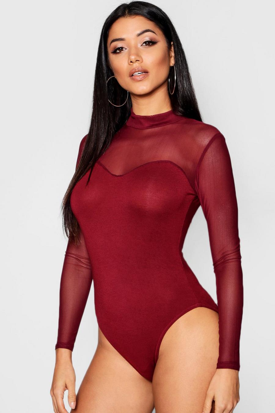 Mesh Turtleneck Bodysuit, Wine image number 1