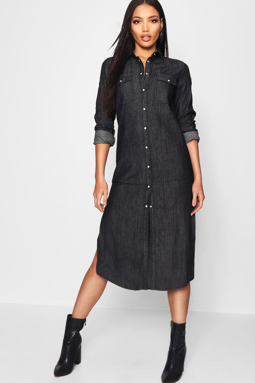 button through denim dress