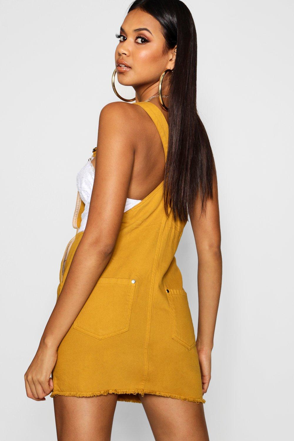 Mustard Denim Pinafore Dress boohoo