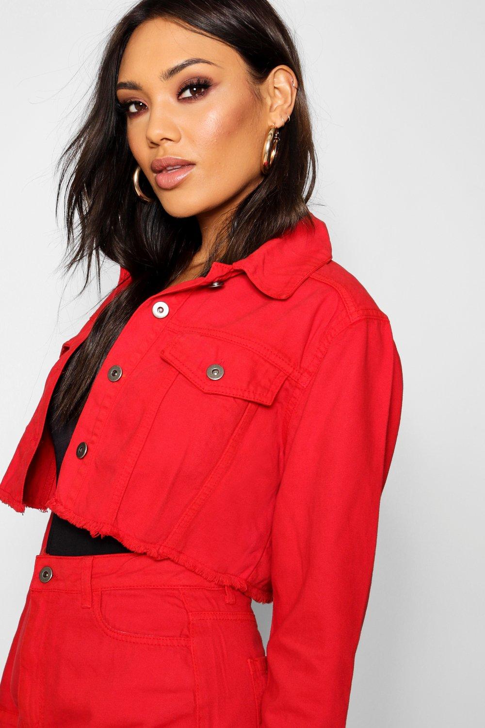 red cropped jean jacket