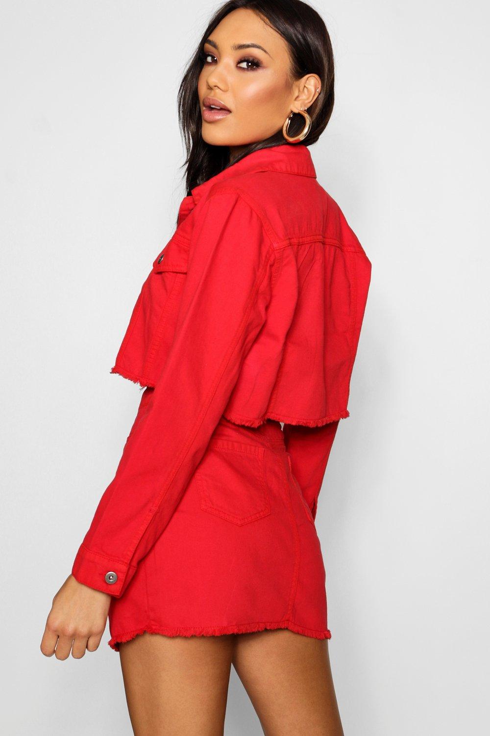 Red denim jacket on sale boohoo