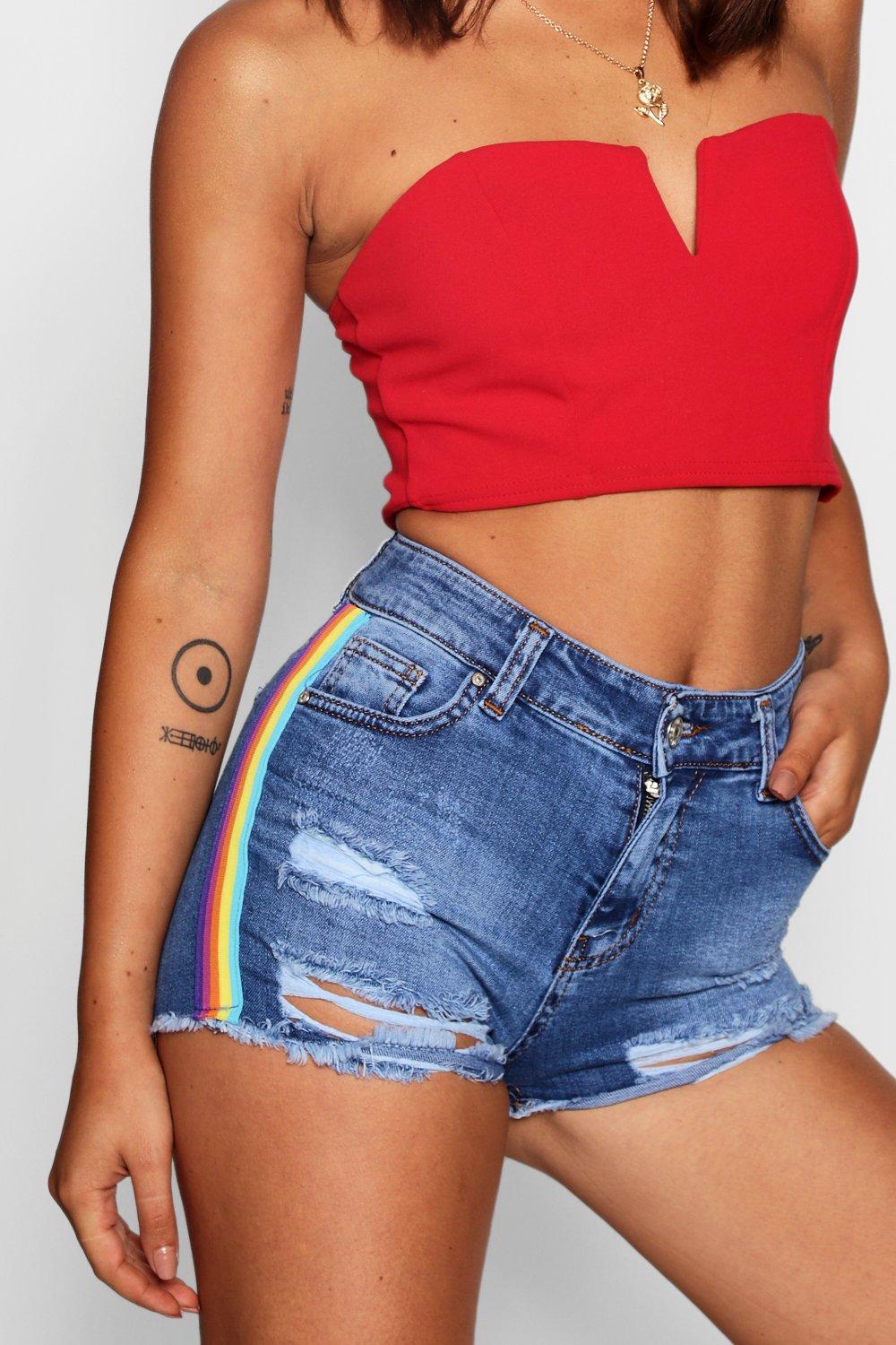 Denim fashion shorts with rainbow stripe