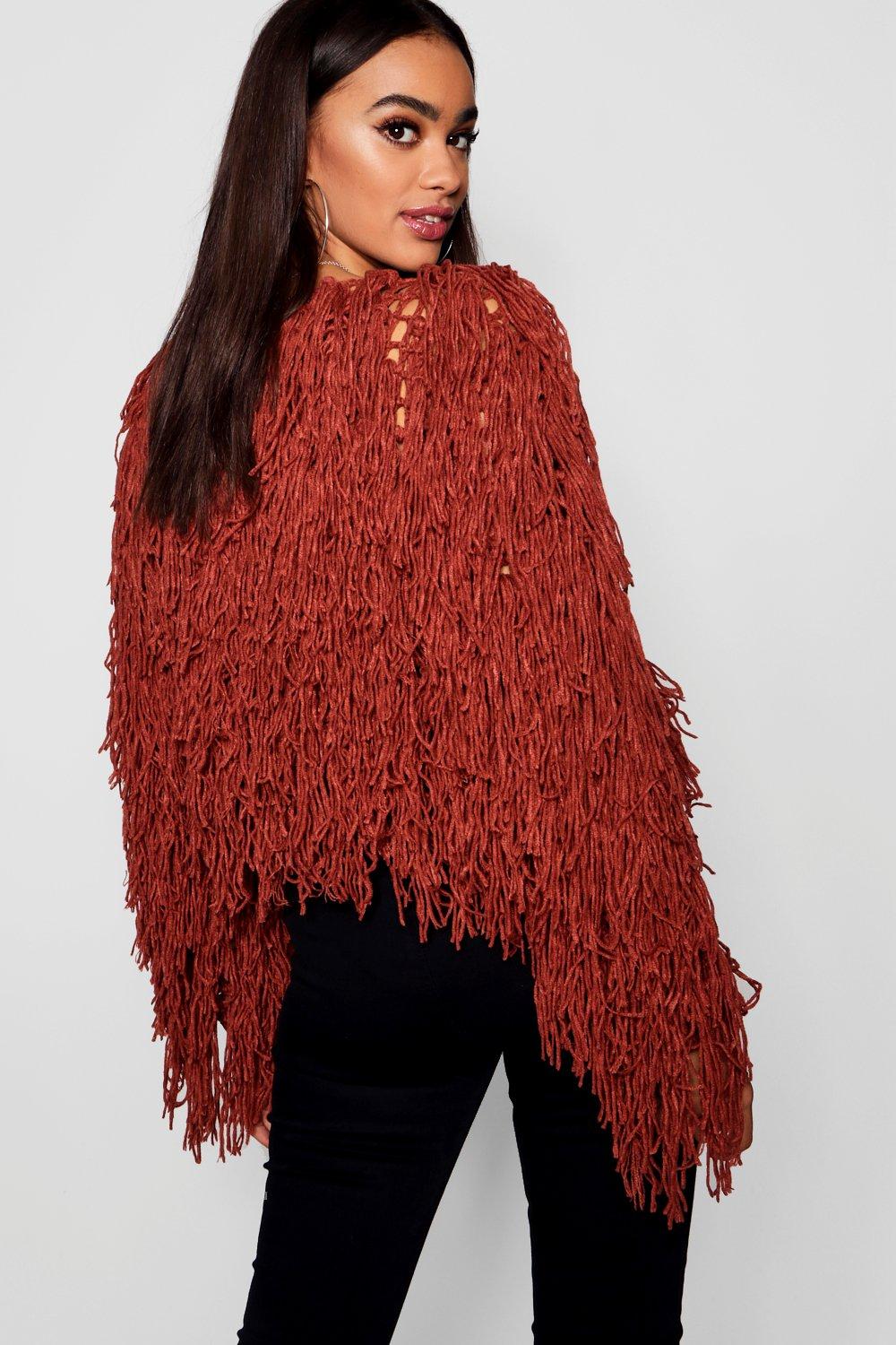 red shaggy knit cardigan