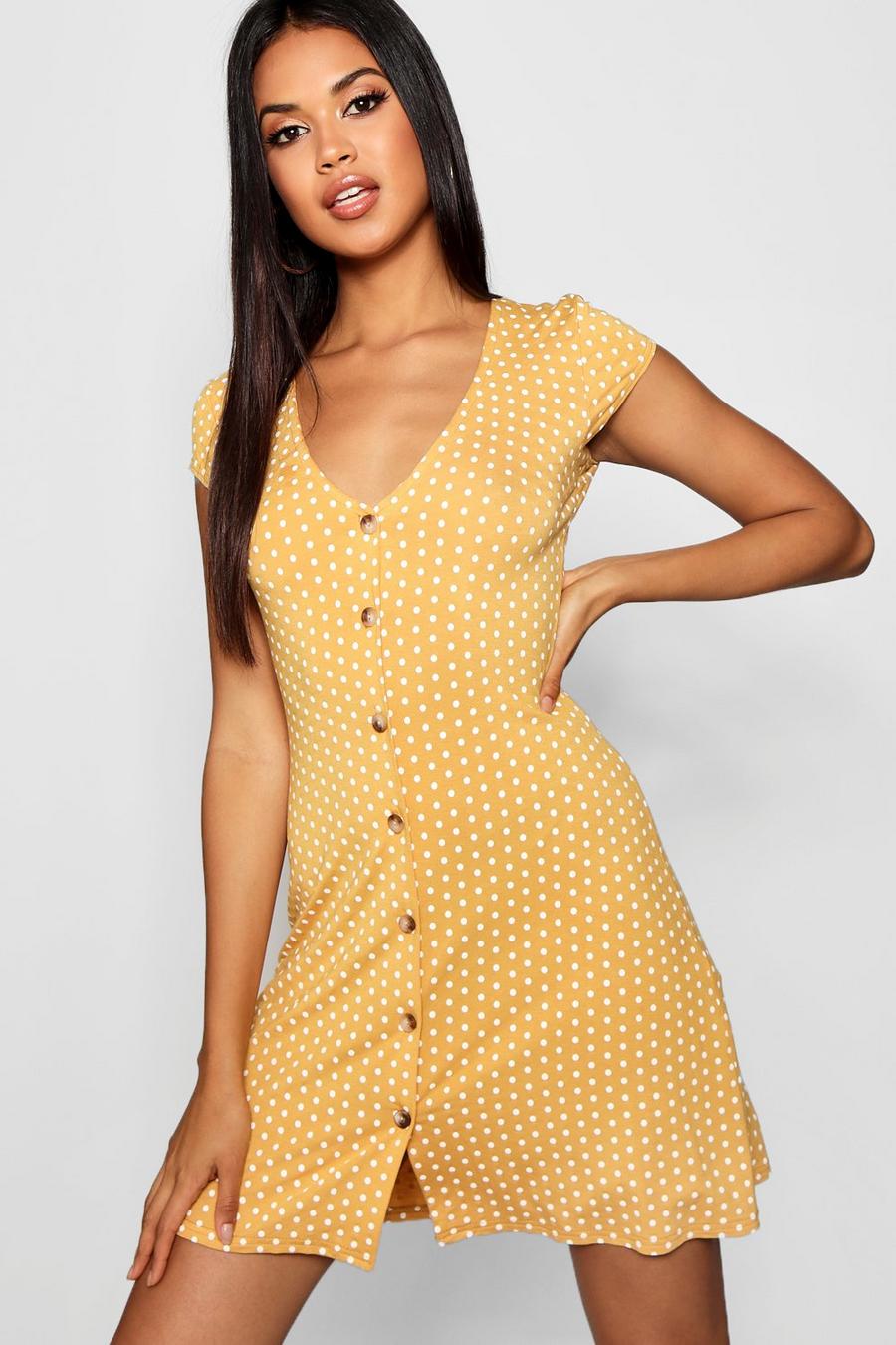 Mustard Cap Sleeve Button Through Shift Dress image number 1