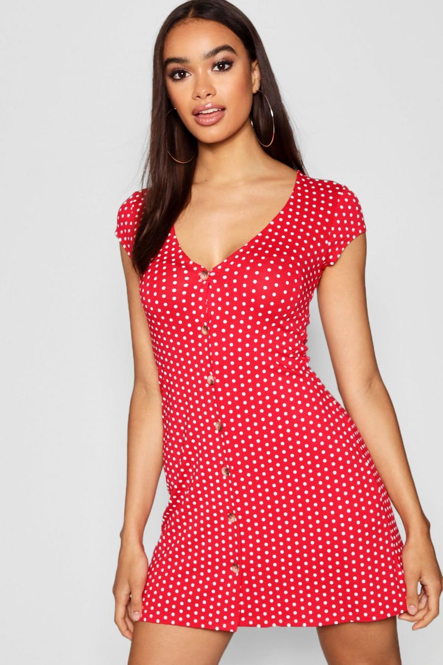 Red Cap Sleeve Button Through Shift Dress image number 1