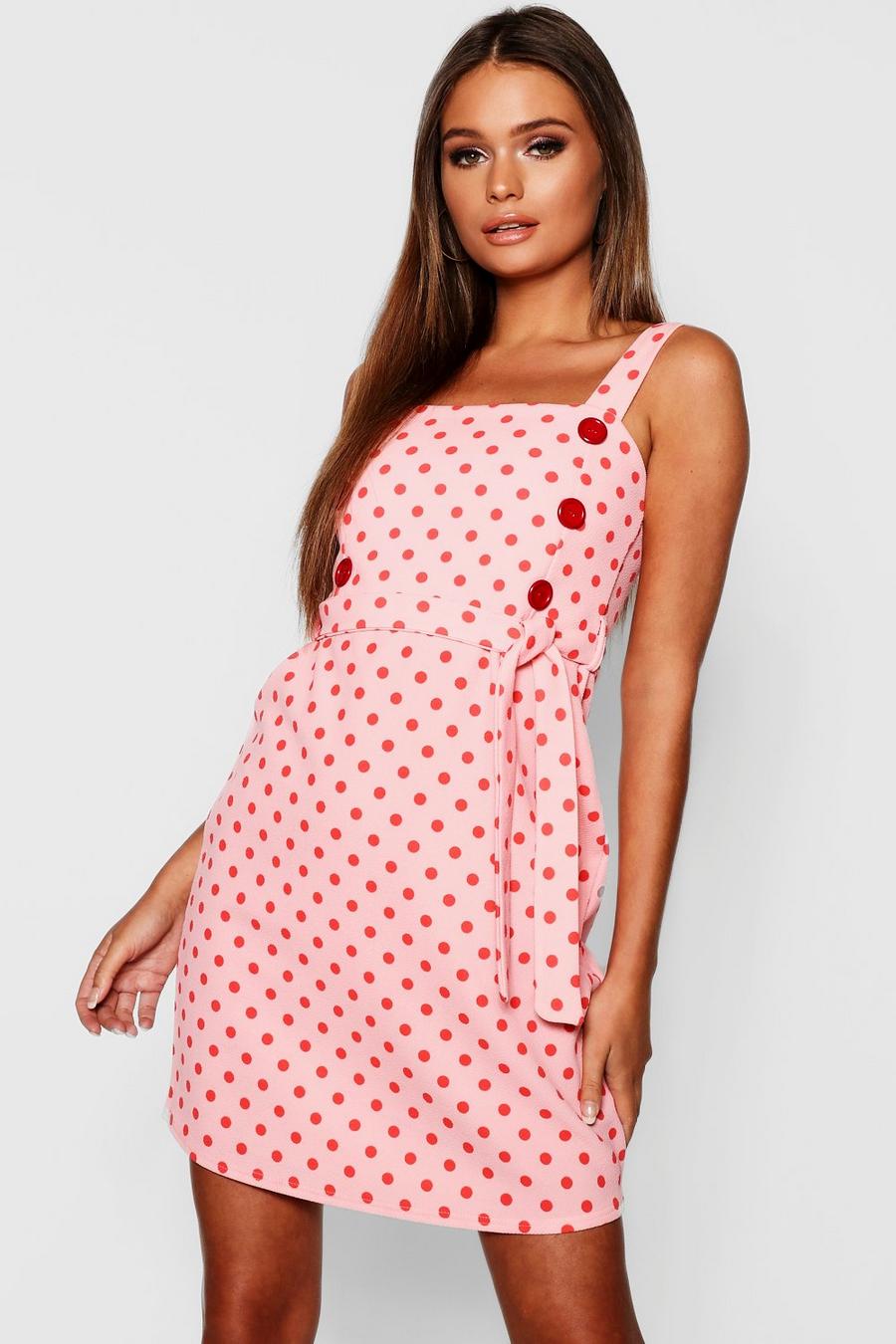 Pink And Red Polka Dot Button Detail Shift Dress image number 1