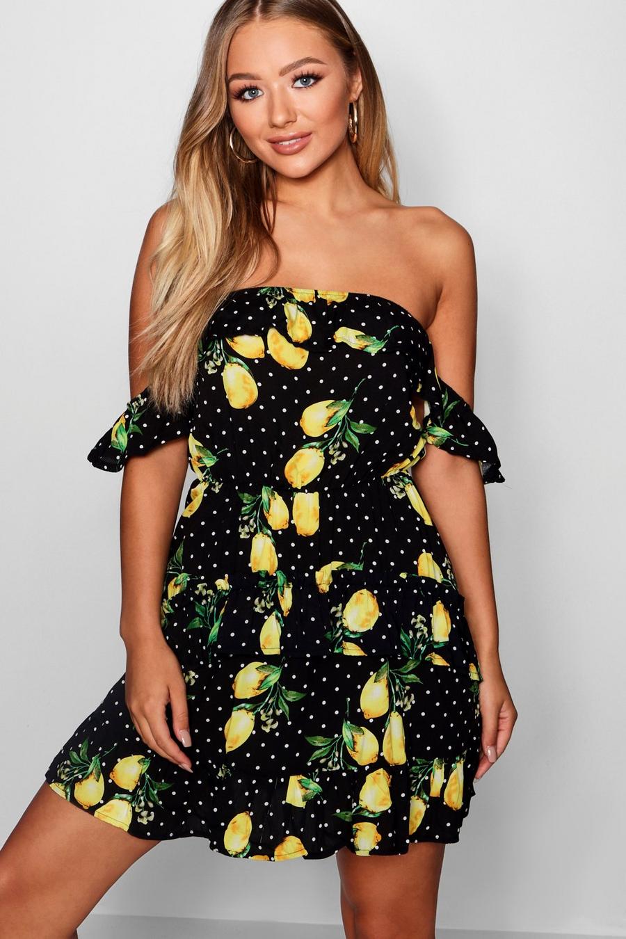 Lemon + Polka Dot Ruffle Shoulder Mini Dress image number 1