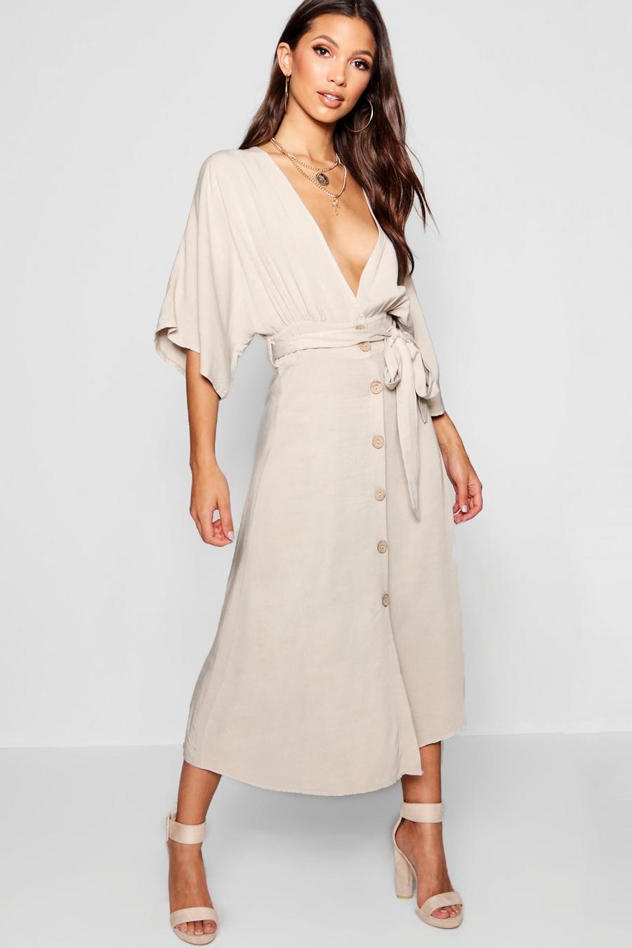 Woven Button Through Angel Sleeve Midi Dress | boohoo