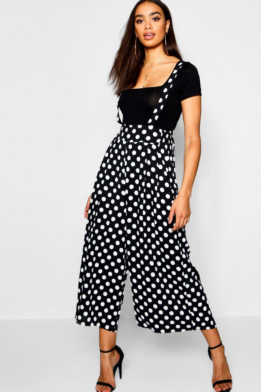 Black Polka Dot High Waist Trousers With Braces image number 1