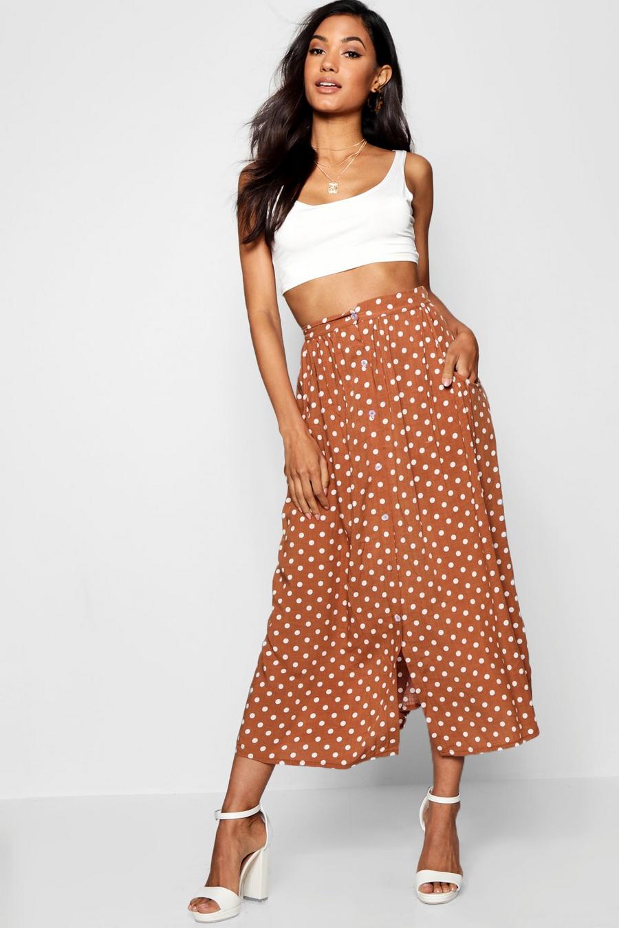 Brown Polka Dot Button Through Midi Skirt image number 1