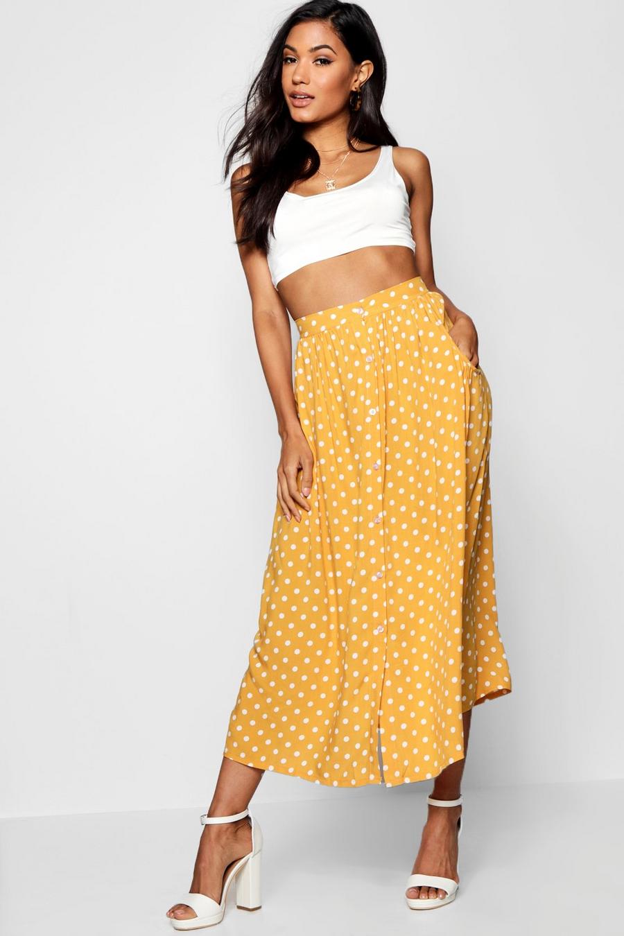 Mustard Polka Dot Button Through Midi Skirt image number 1