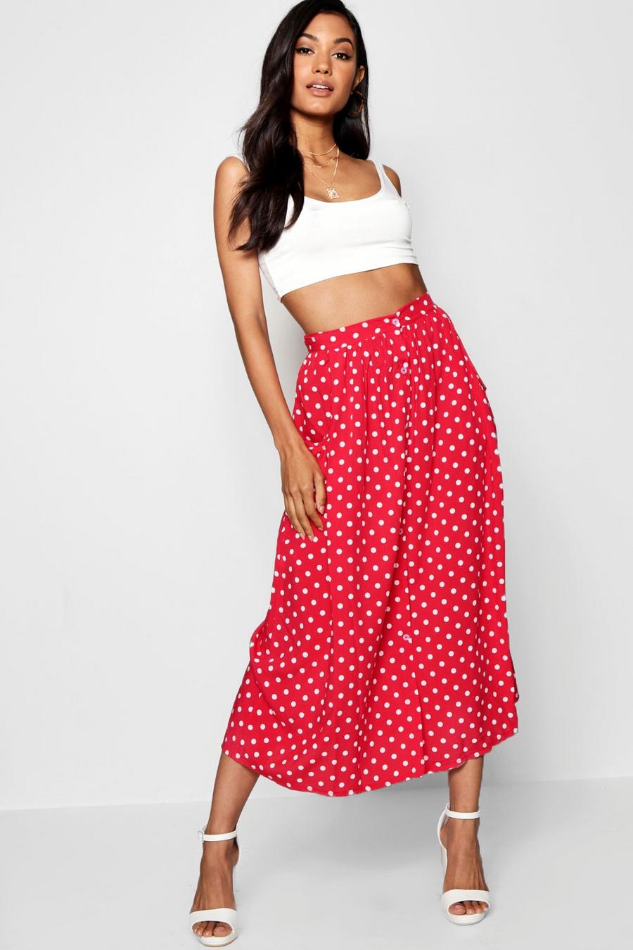 Red Polka Dot Button Through Midi Skirt image number 1