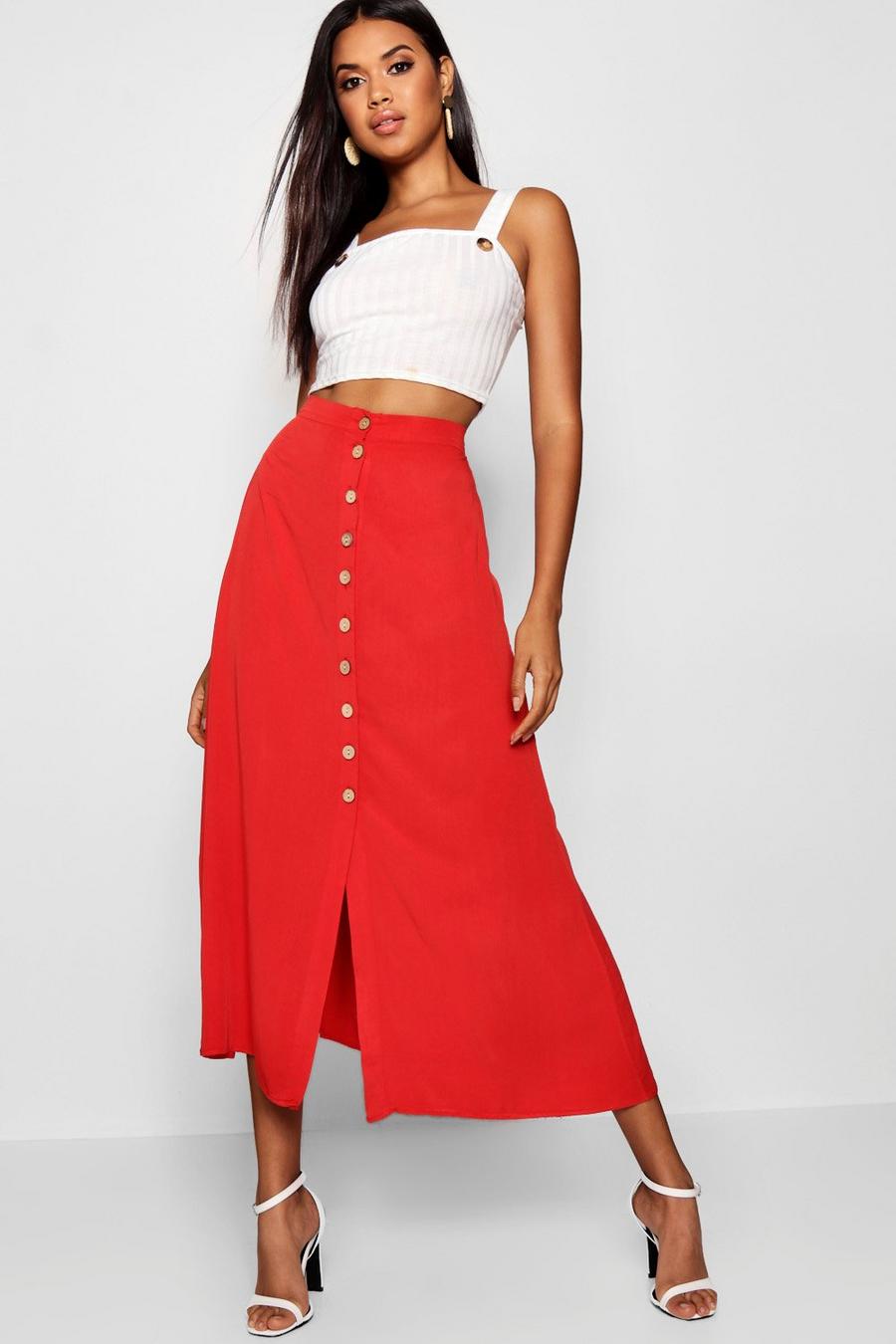 Red Mock Horn Button Through Midi Skirt image number 1