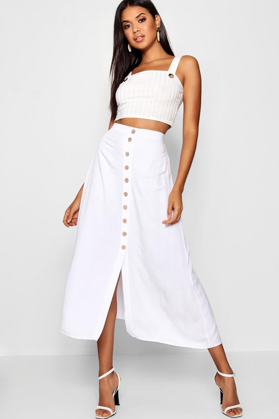 Falda midi con botones de cuerno, Blanco image number 1
