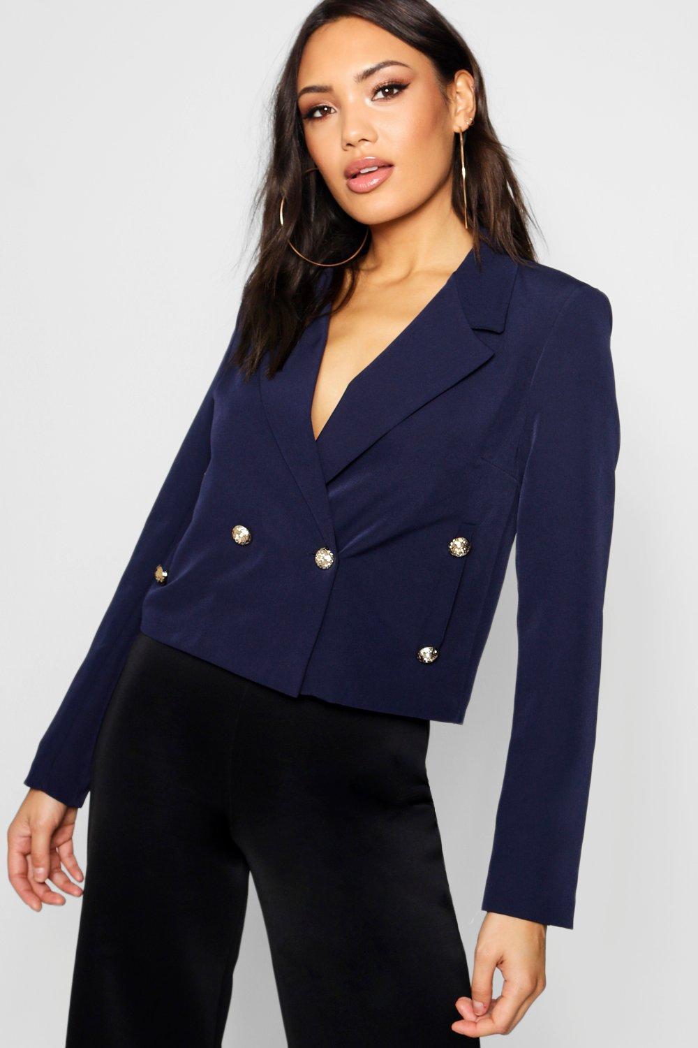 Women's Double Breasted Military Boxy Cropped Blazer | Boohoo UK